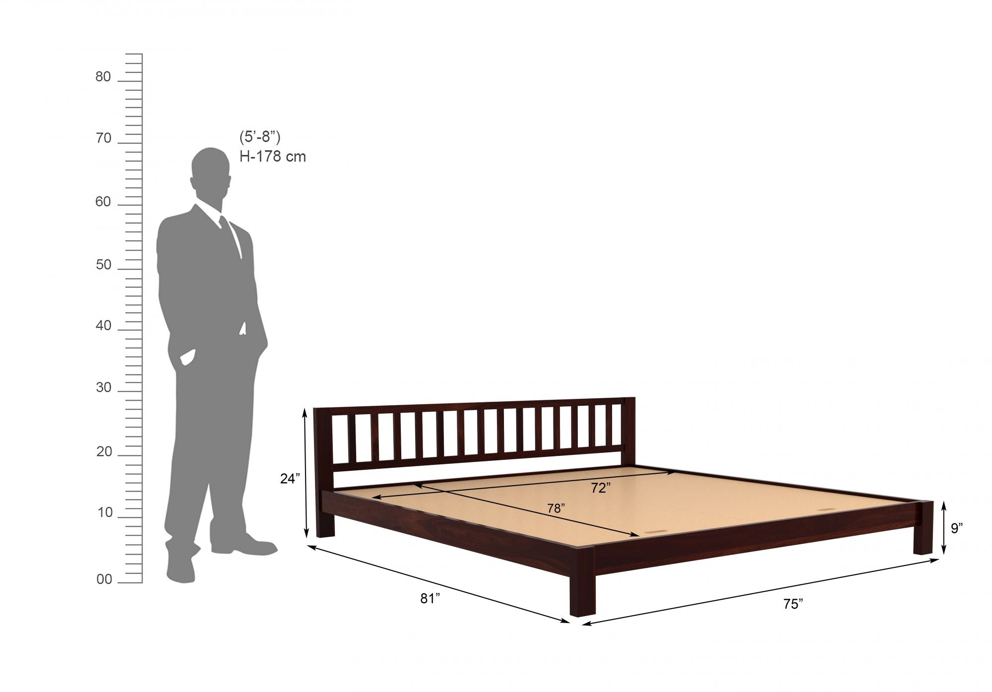 Craft D Art Sheesham Wood King Size Bed Without Storage (Walnut Finish)