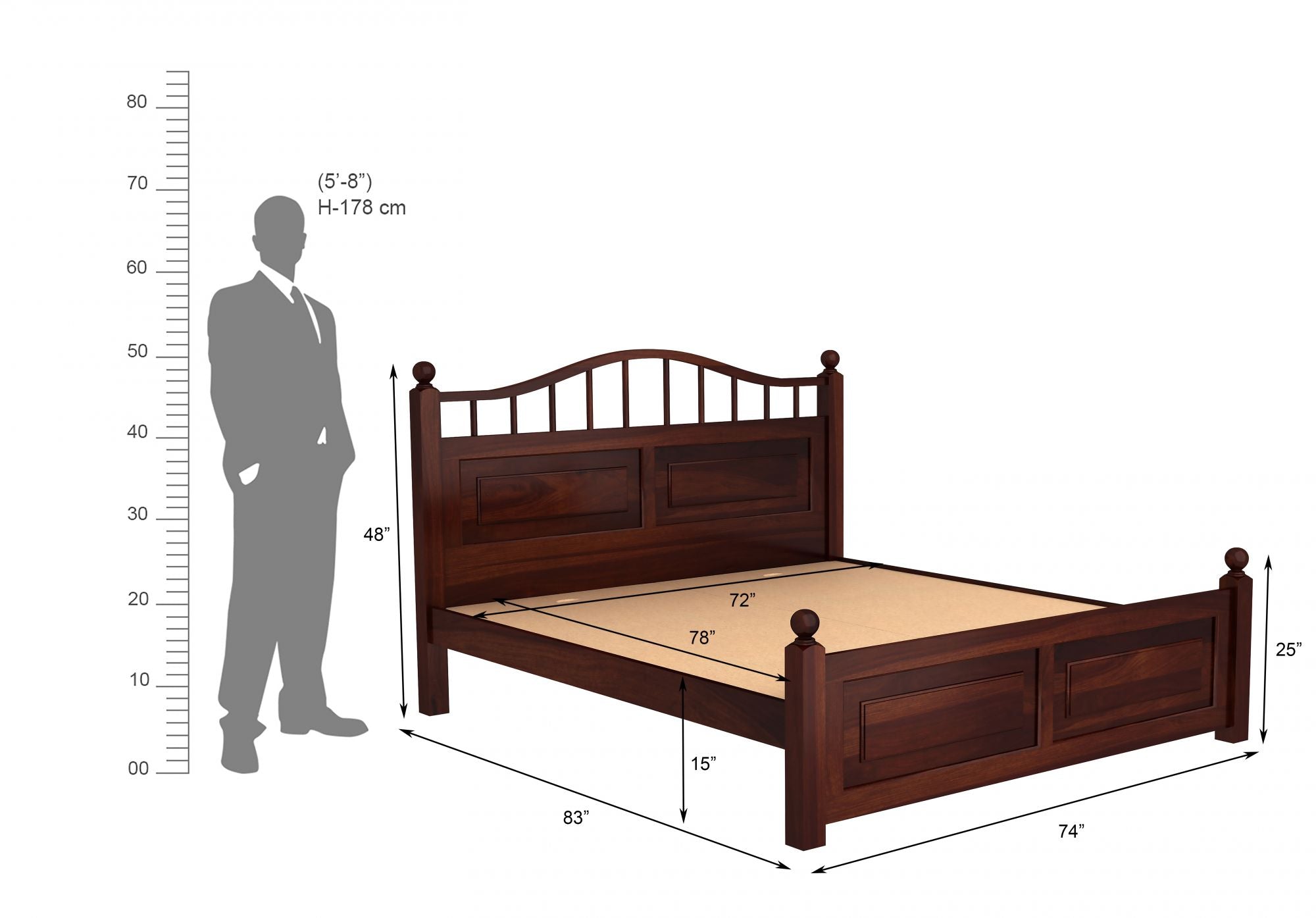 Craft D Art Sheesham Wood King Size Bed Without Storage (Walnut Finish)
