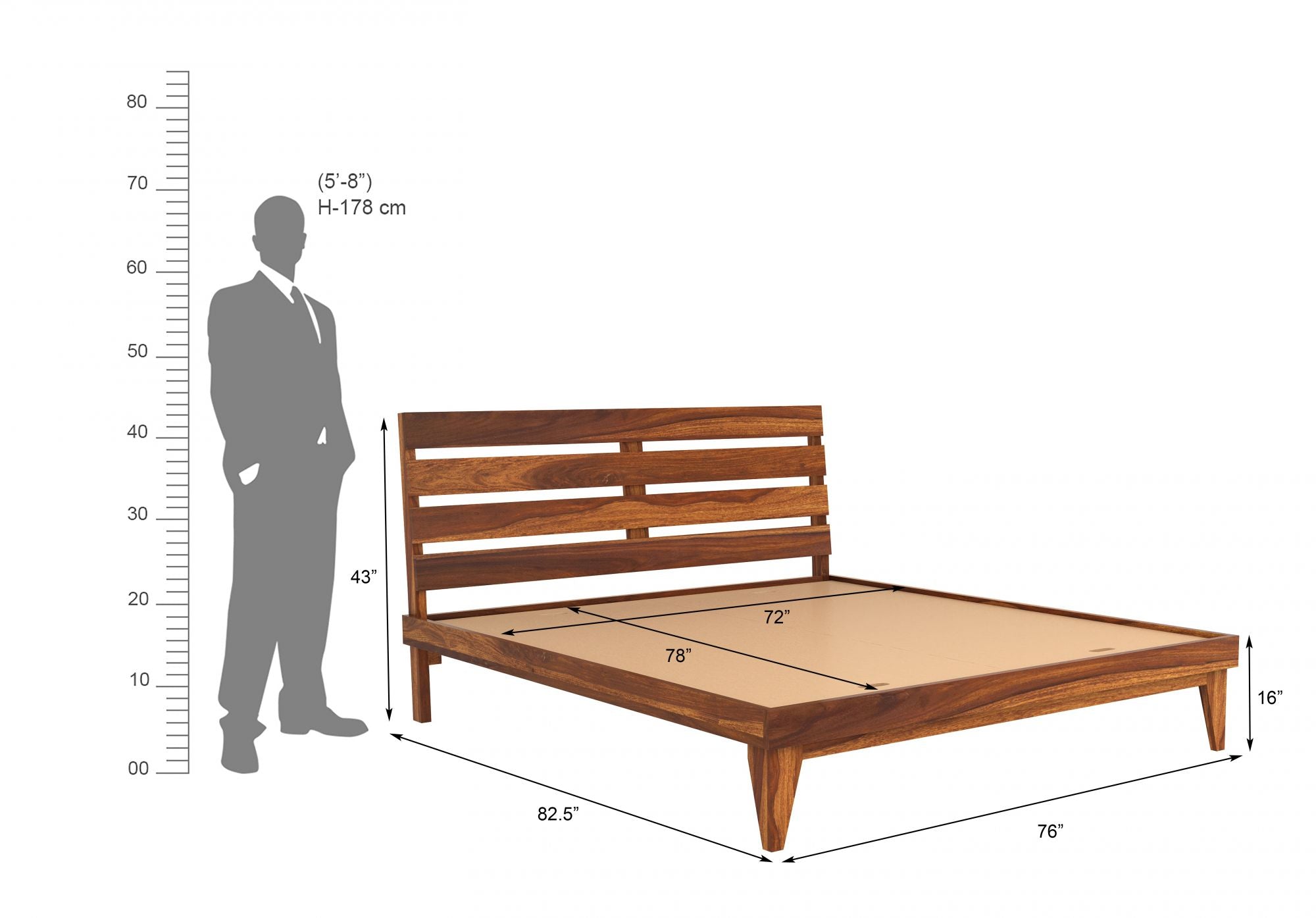 Craft D Art Sheesham Wood Queen Size Bed Without Storage (Honey Finish)
