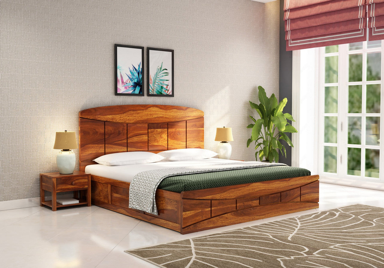 Craft D Art Sheesham Wood Queen Size Bed With Storage (Honey Finish)
