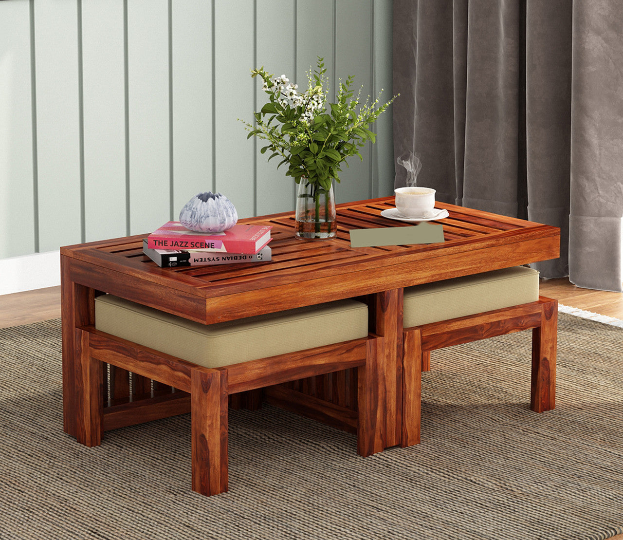 Craft D Art Sheesham Wood Center Table With Stools (Honey Finish)