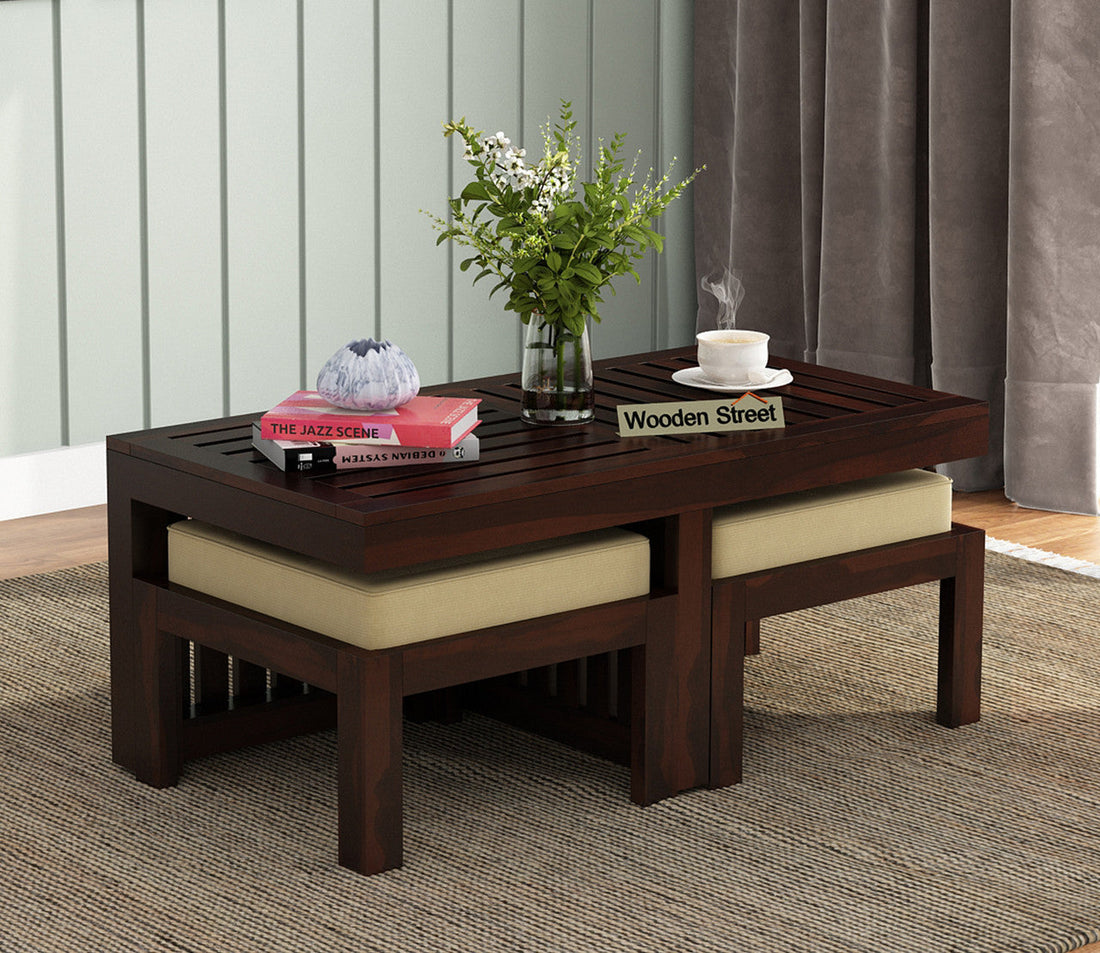 Craft D Art Sheesham Wood Center Table With Stools (Walnut Finish)
