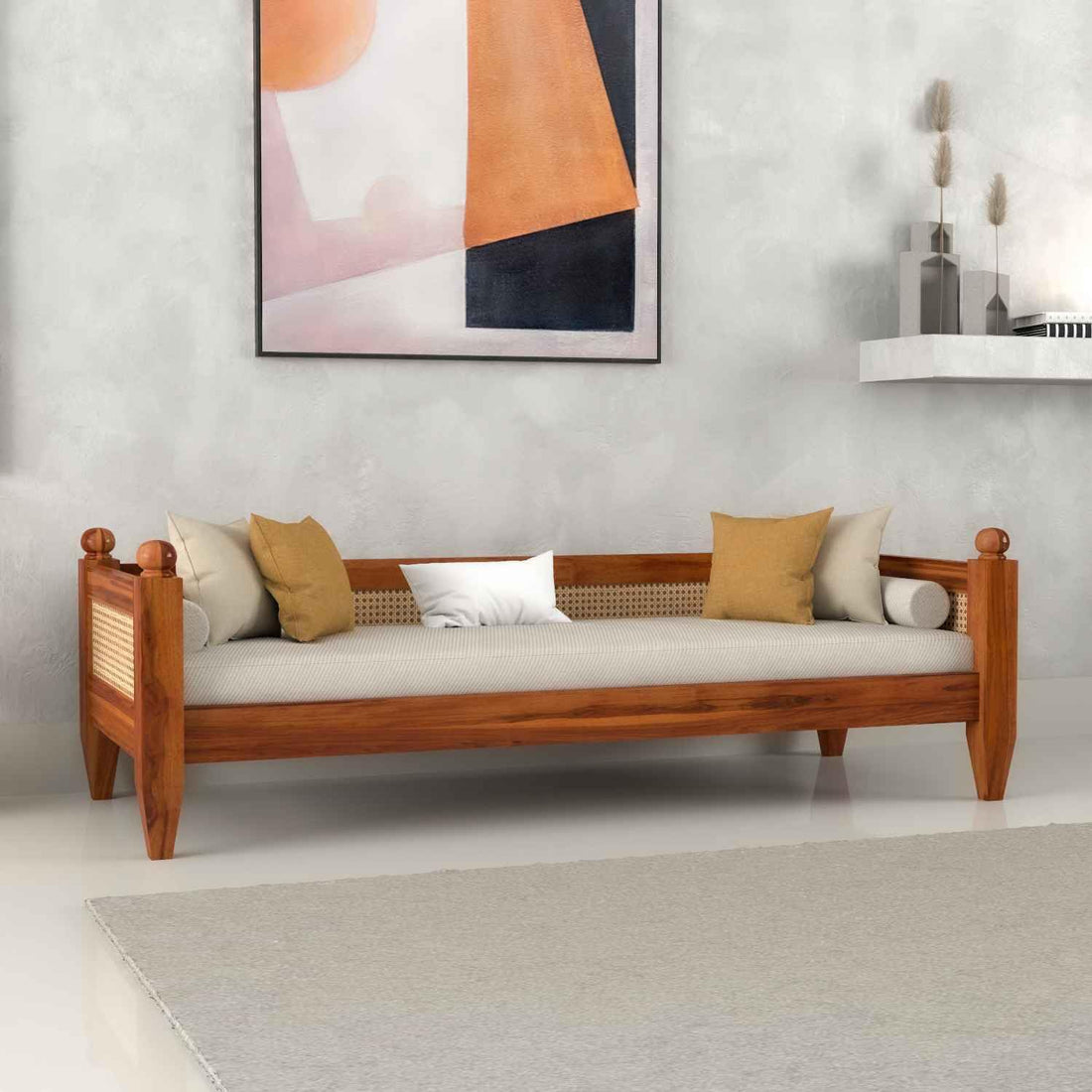 Craft D Art Solid Sheesham Wood Diwan Sofa with Cane Rattan Backrest & Cushioned Seat