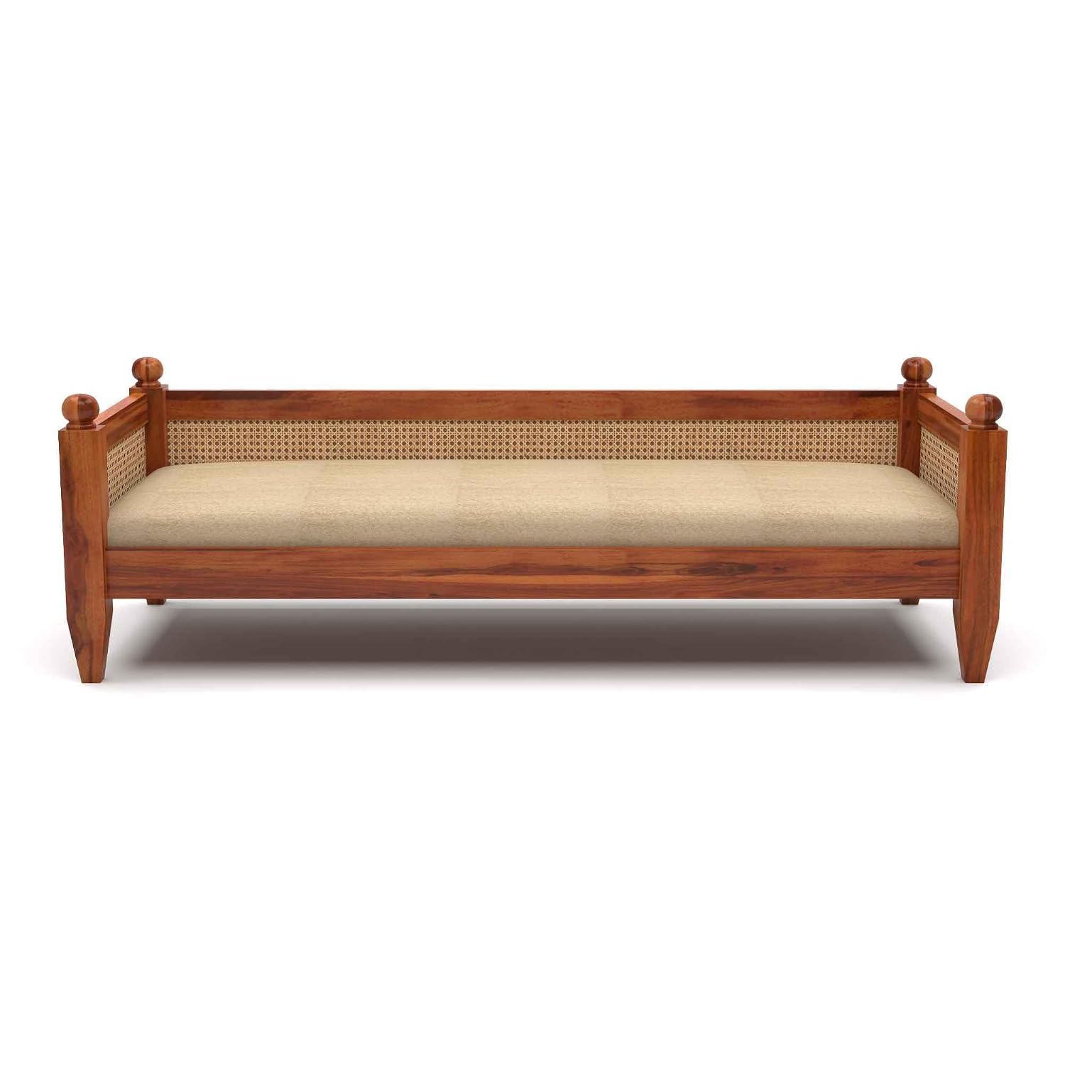 Craft D Art Solid Sheesham Wood Diwan Sofa with Cane Rattan Backrest & Cushioned Seat
