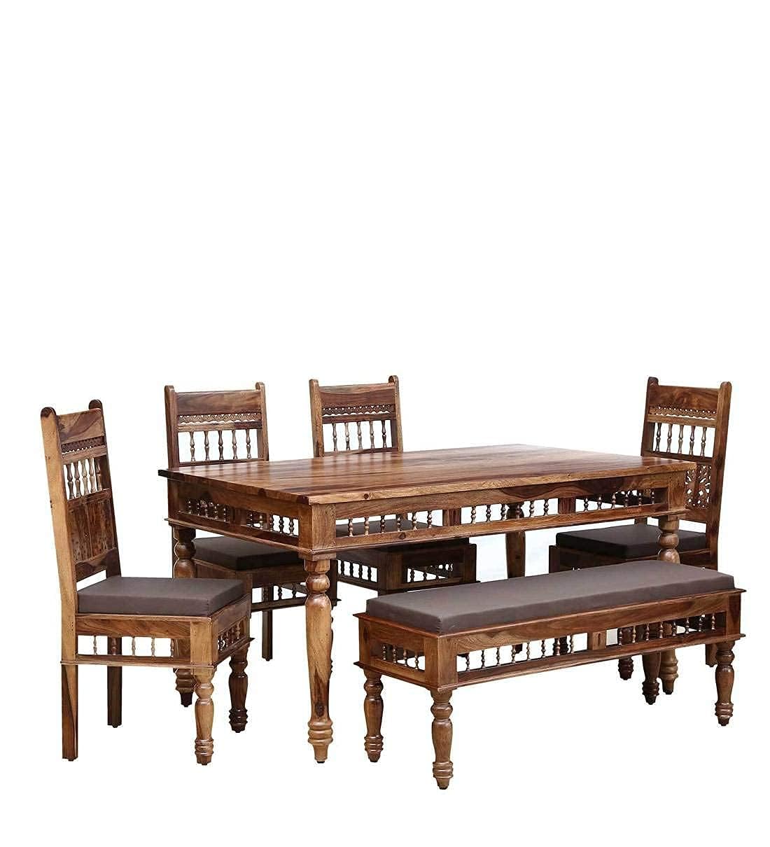 Craft D Art Solid Sheesham Wood Traditional Dining Table Set of 6 Seater with Cushioned Chairs & Bench |
