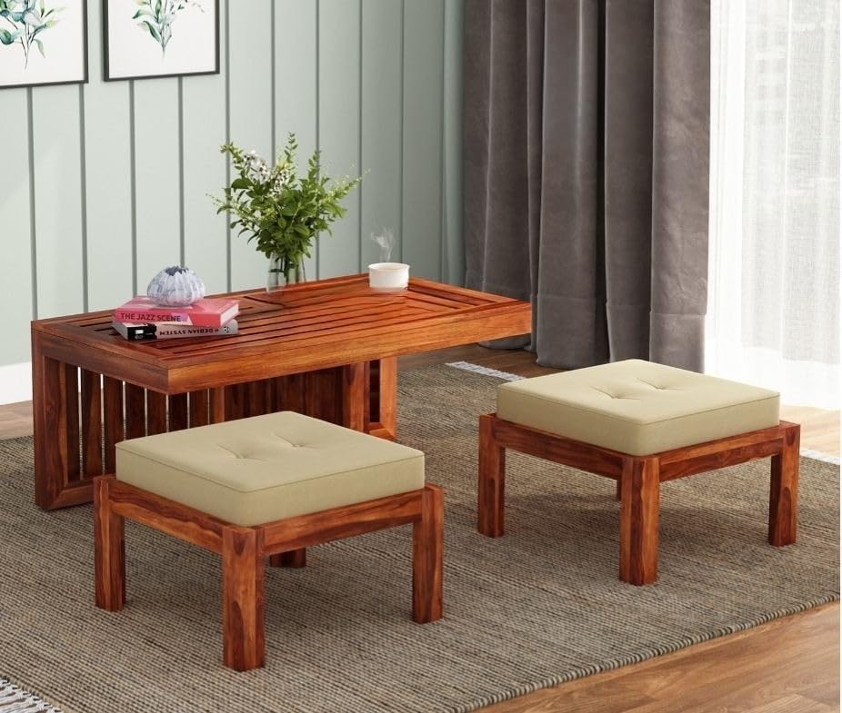 Craft D Art Sheesham Wood Center Table With Stools (Honey Finish)