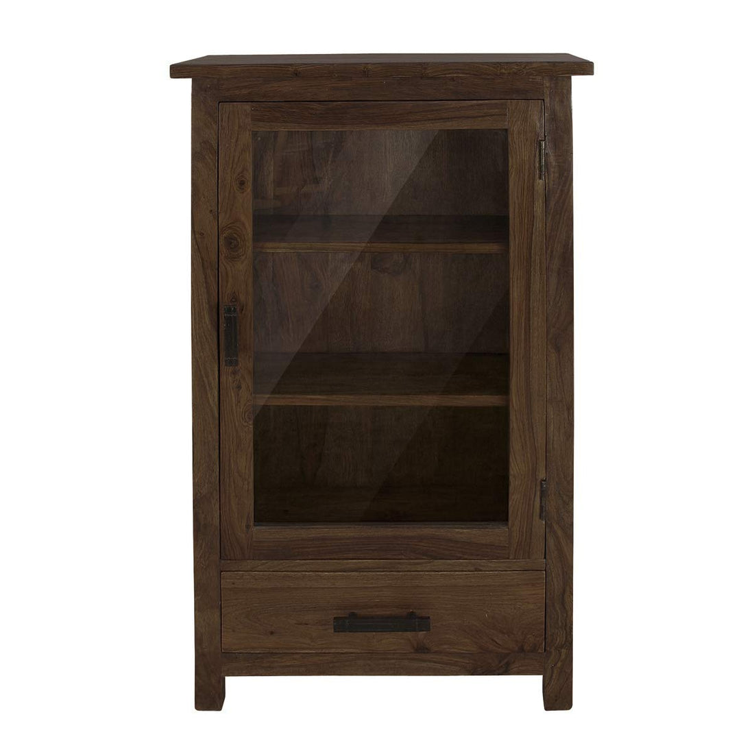 Rustic Solid Wood Glass Door Bookcase Cabinet with Drawer