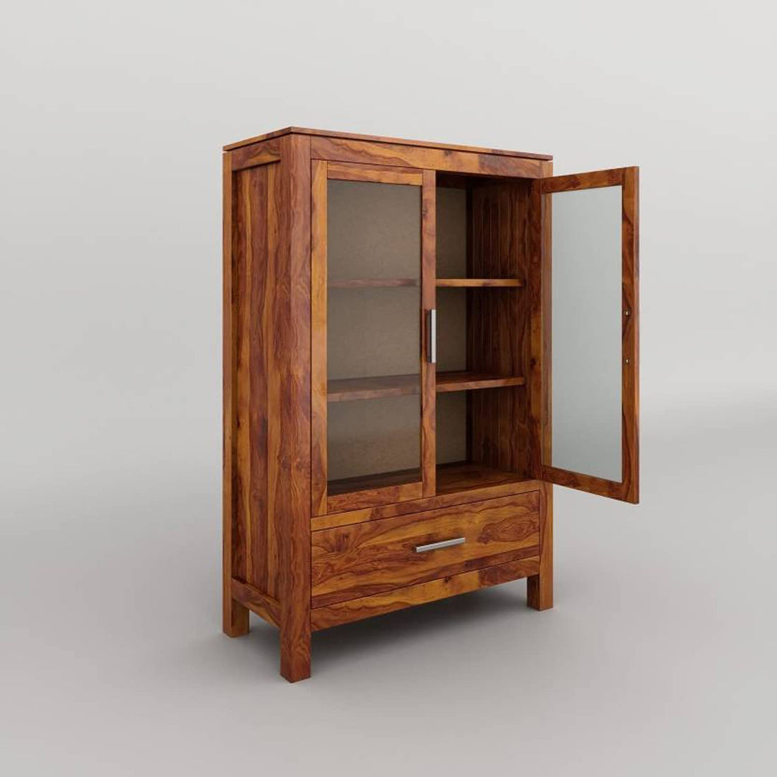 Modern Solid Wood Glass Door Crockery & Display Cabinet with Drawer
