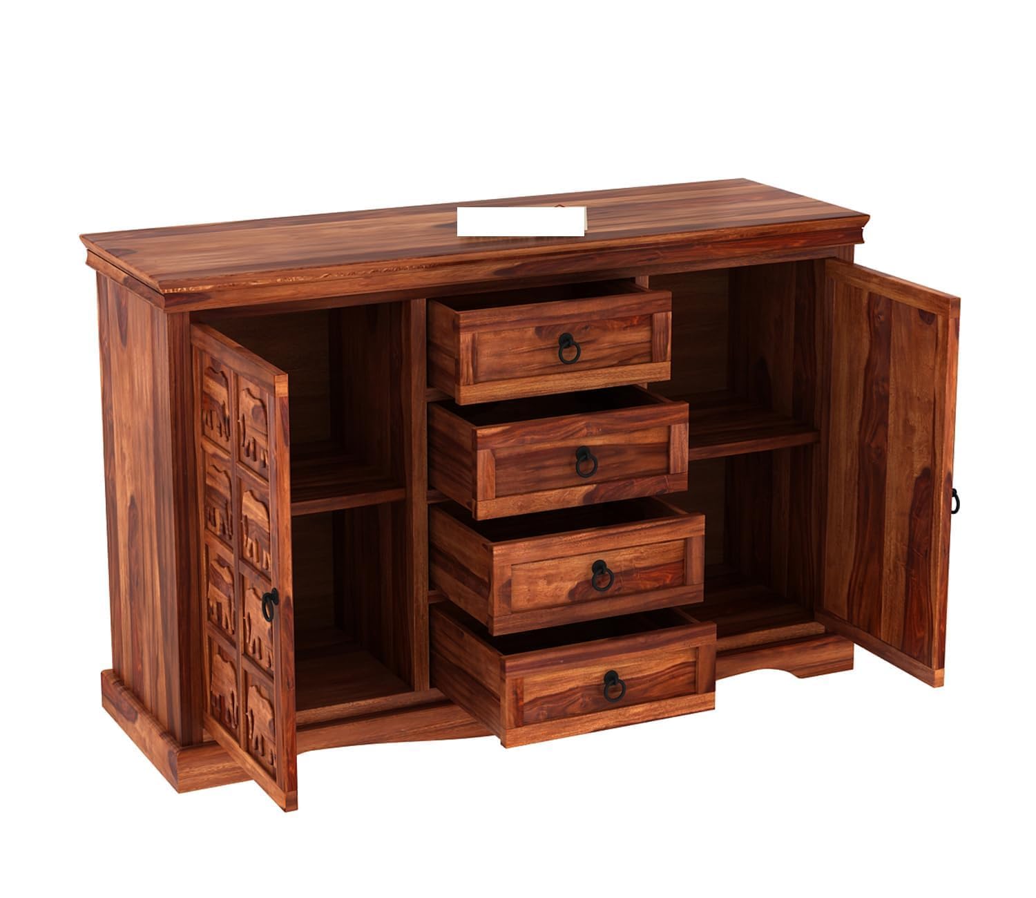 Craft D Art Sheesham Wood Sideboard Cabinet with Elephant Carving