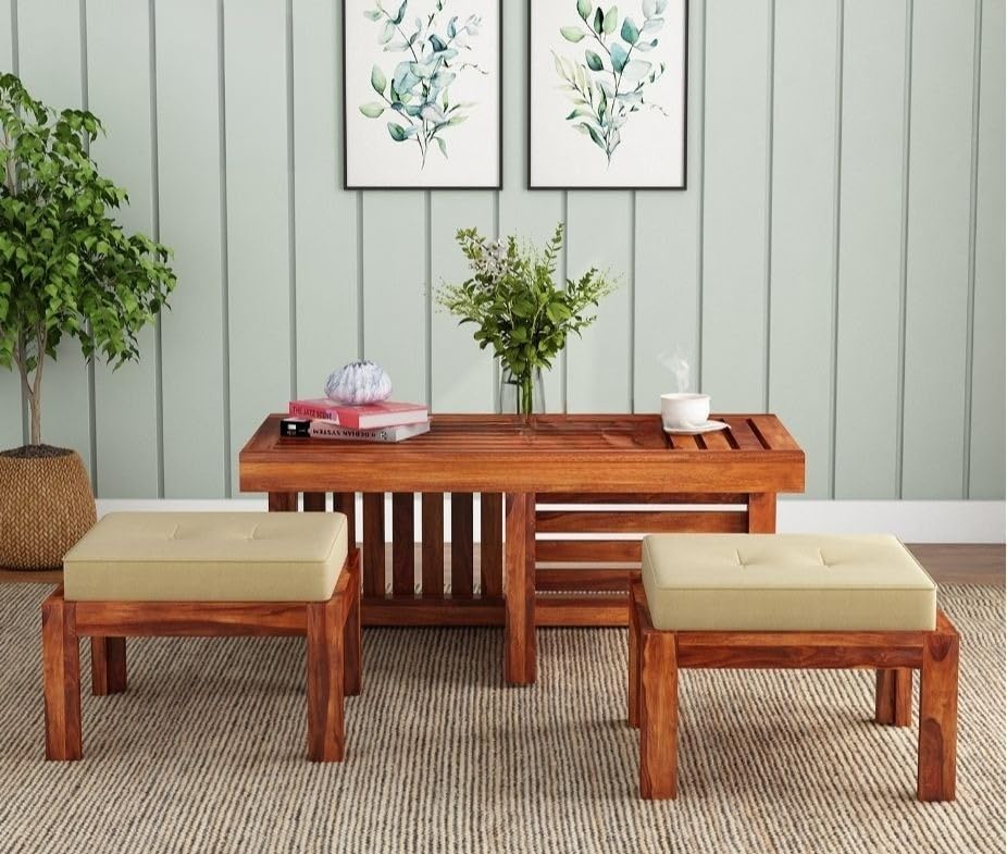 Craft D Art Sheesham Wood Center Table With Stools (Honey Finish)