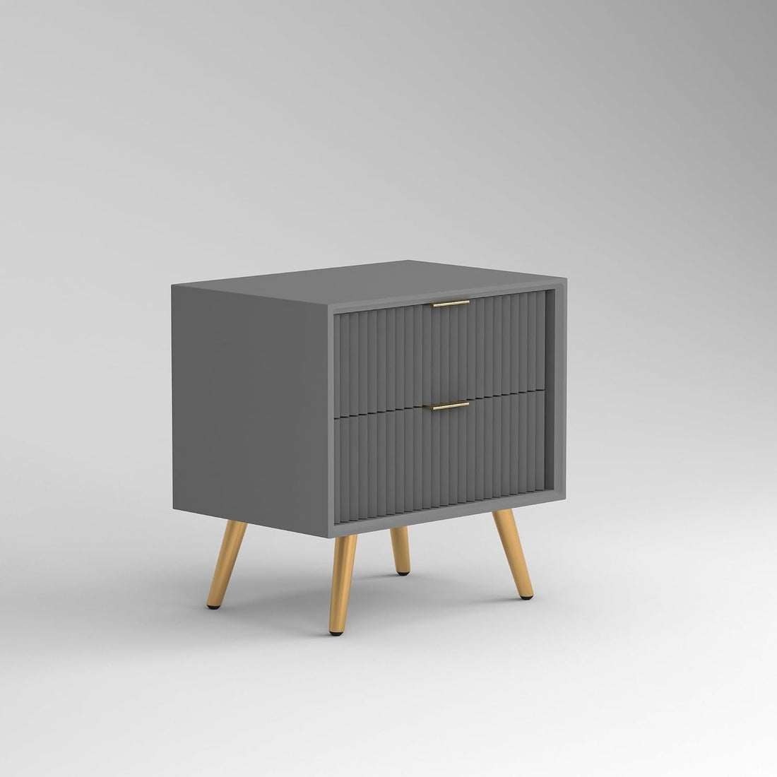 Modern Grey Fluted 2 Drawer Bedside Table with Gold Legs