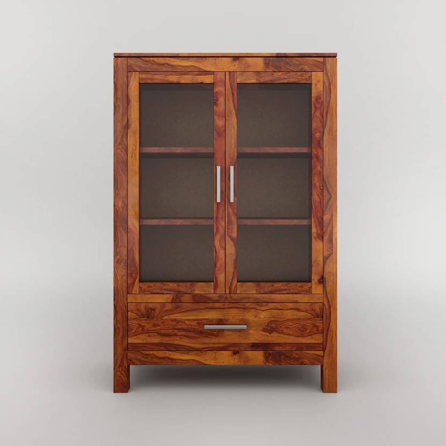 Modern Solid Wood Glass Door Crockery & Display Cabinet with Drawer