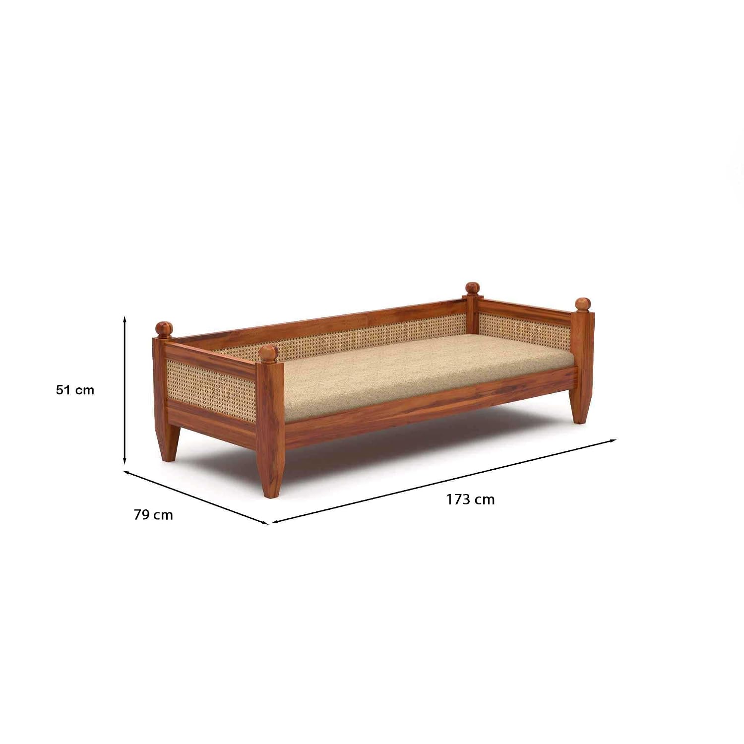 Craft D Art Solid Sheesham Wood Diwan Sofa with Cane Rattan Backrest & Cushioned Seat