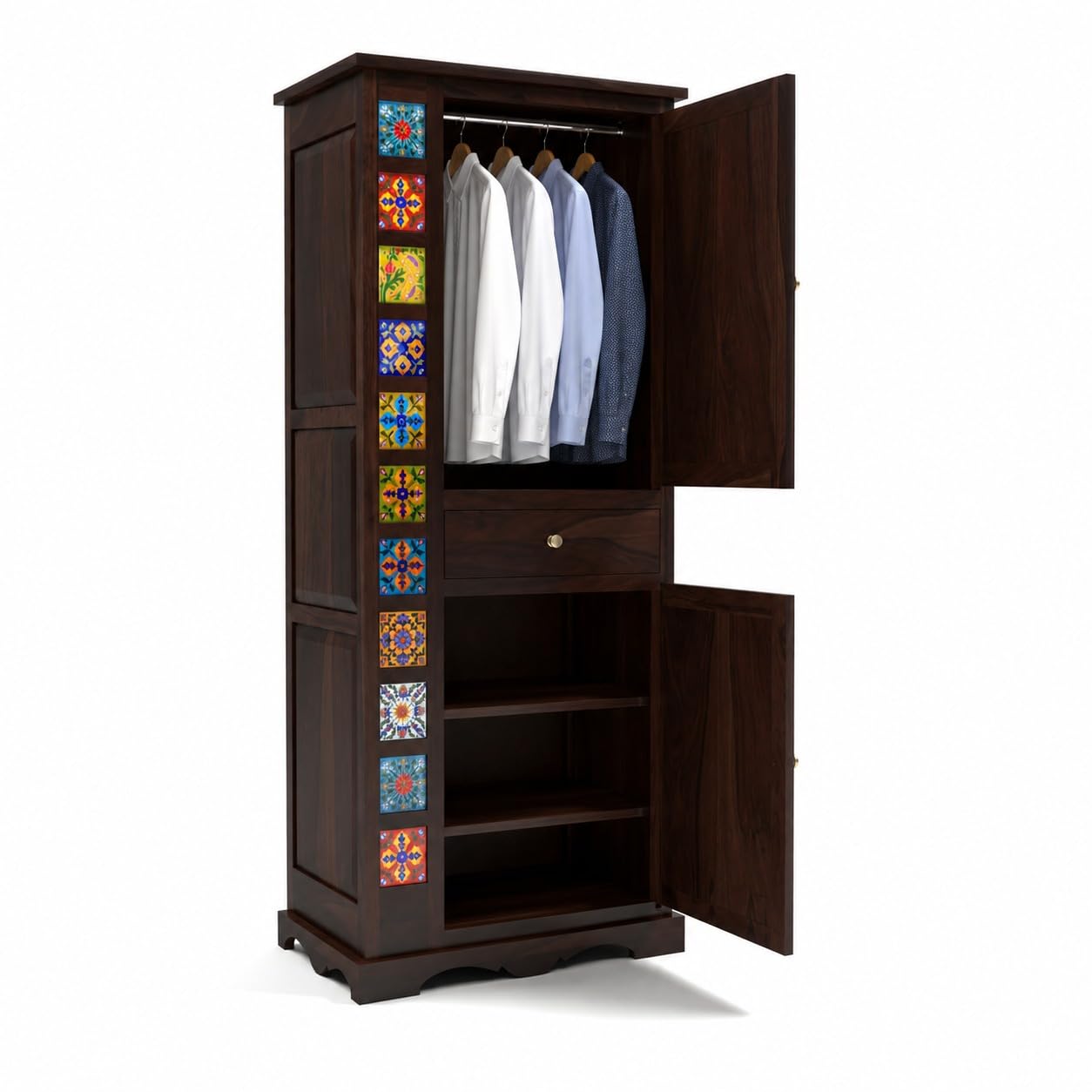 Emboss Sheesham Wood Wardrobe Cabinet with 1 Drawer & 2 Shelves (Walnut Finish)