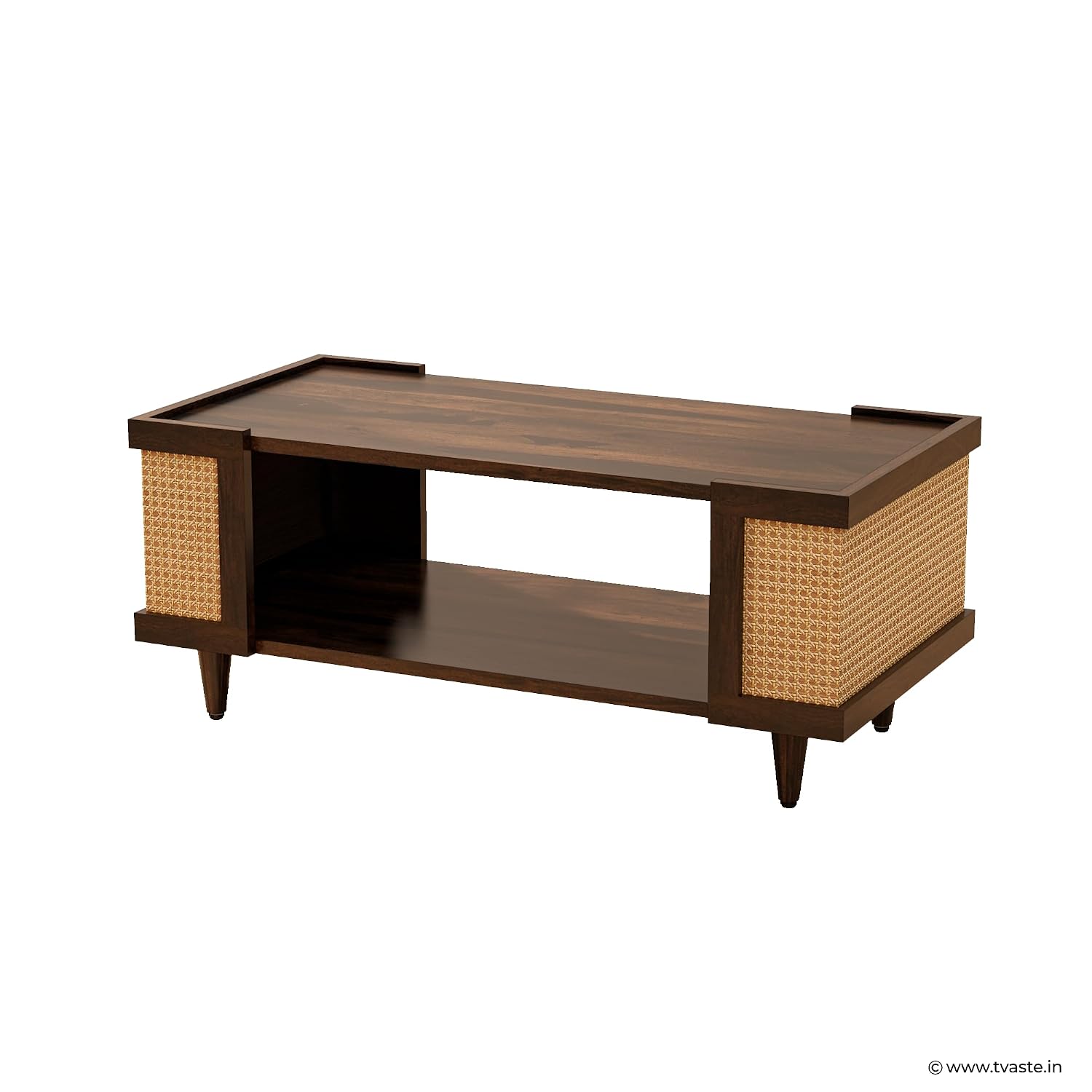 Solid Wood Cane Panel Coffee Table with Open Shelf Storage