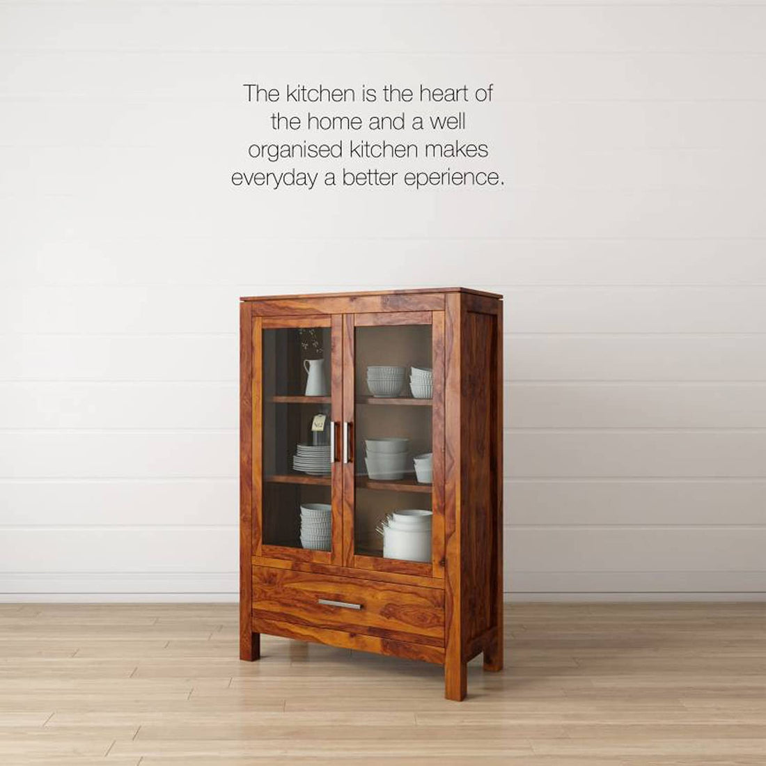 Modern Solid Wood Glass Door Crockery & Display Cabinet with Drawer