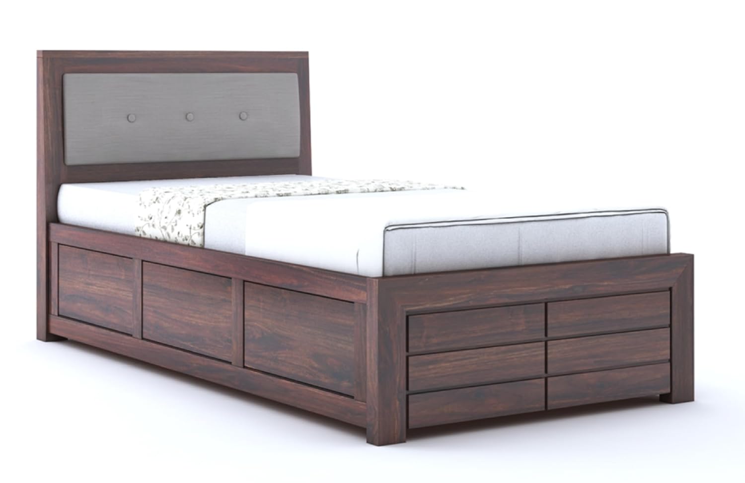 Lorveth Sheesham Wood Single Bed With Storage (Walnut Finish)