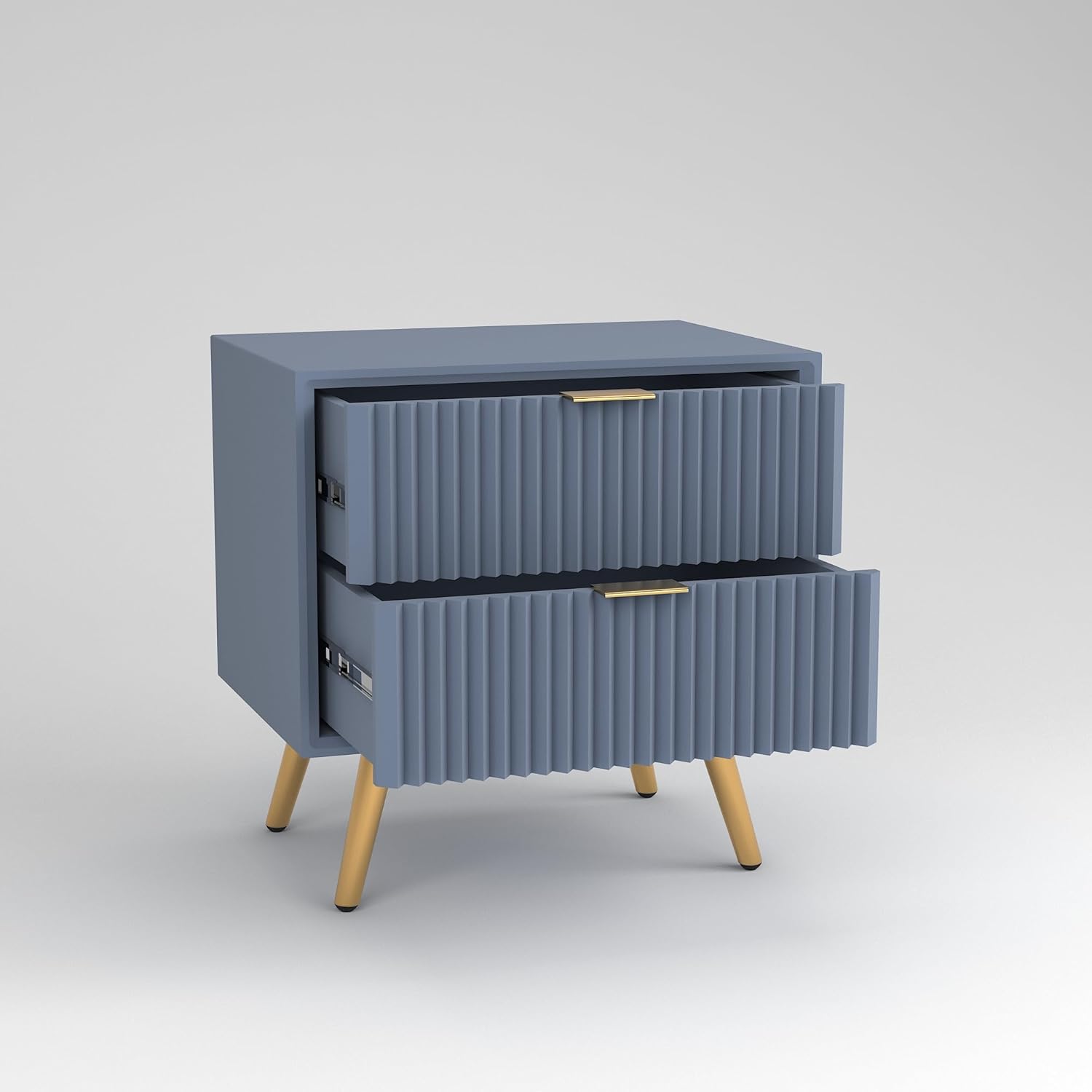 Grey Fluted Bedside Table with 2 Drawers & Gold Legs — Luxury Bedroom Style