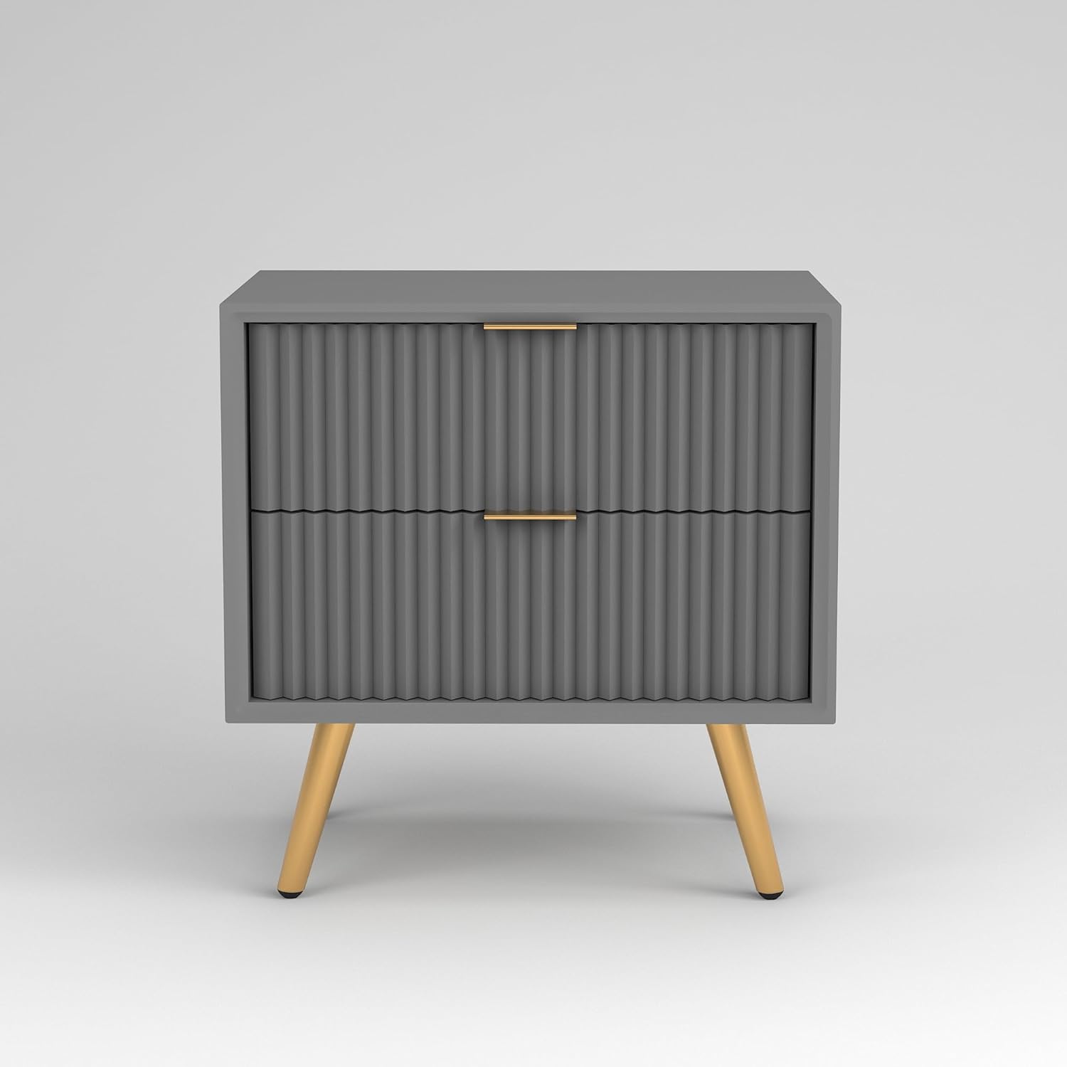 Modern Grey Fluted 2 Drawer Bedside Table with Gold Legs