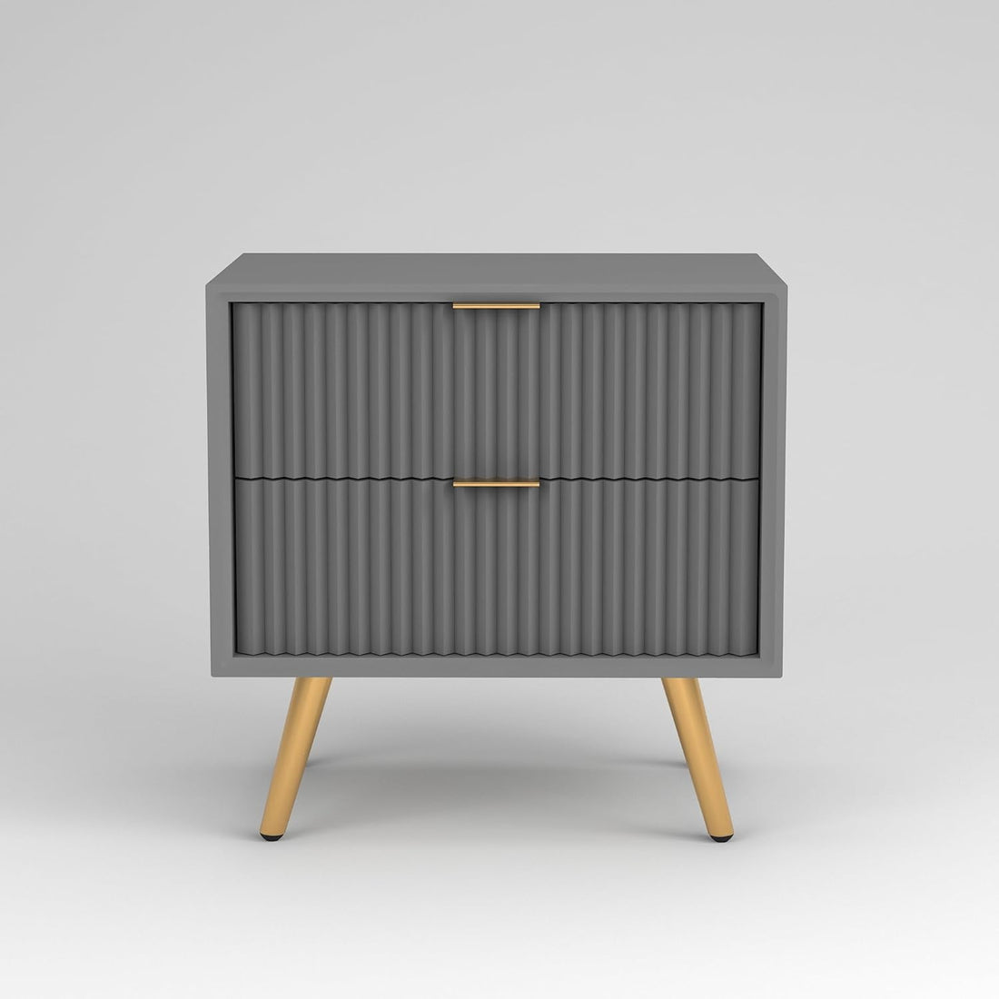 Modern Grey Fluted 2 Drawer Bedside Table with Gold Legs
