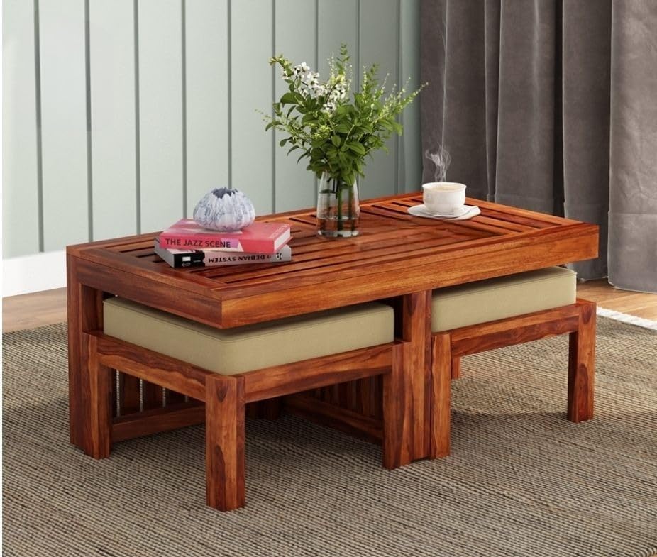 Craft D Art Sheesham Wood Center Table With Stools (Honey Finish)