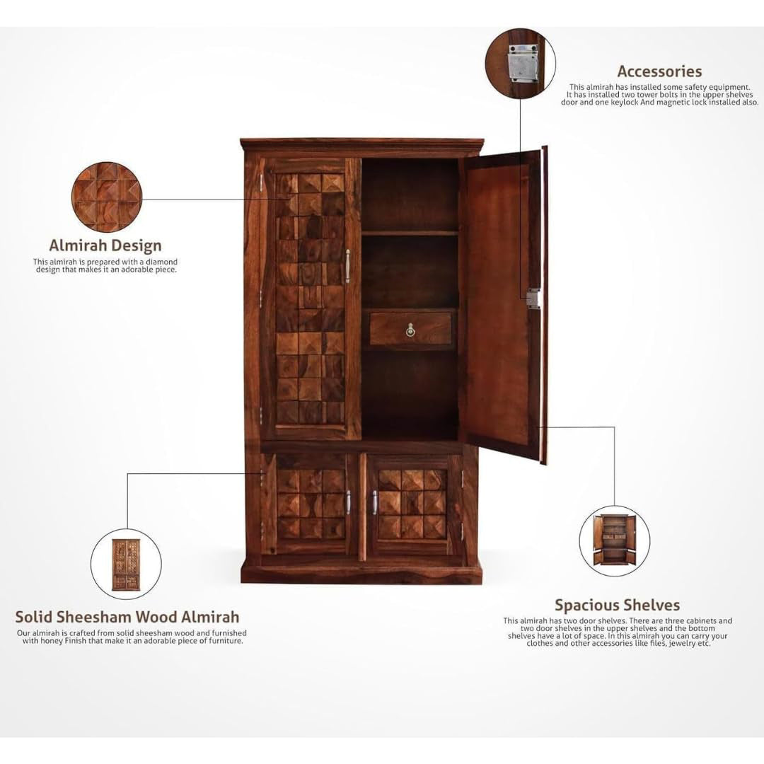 Diamond Sheesham Wood Wardrobe (Honey Finish)