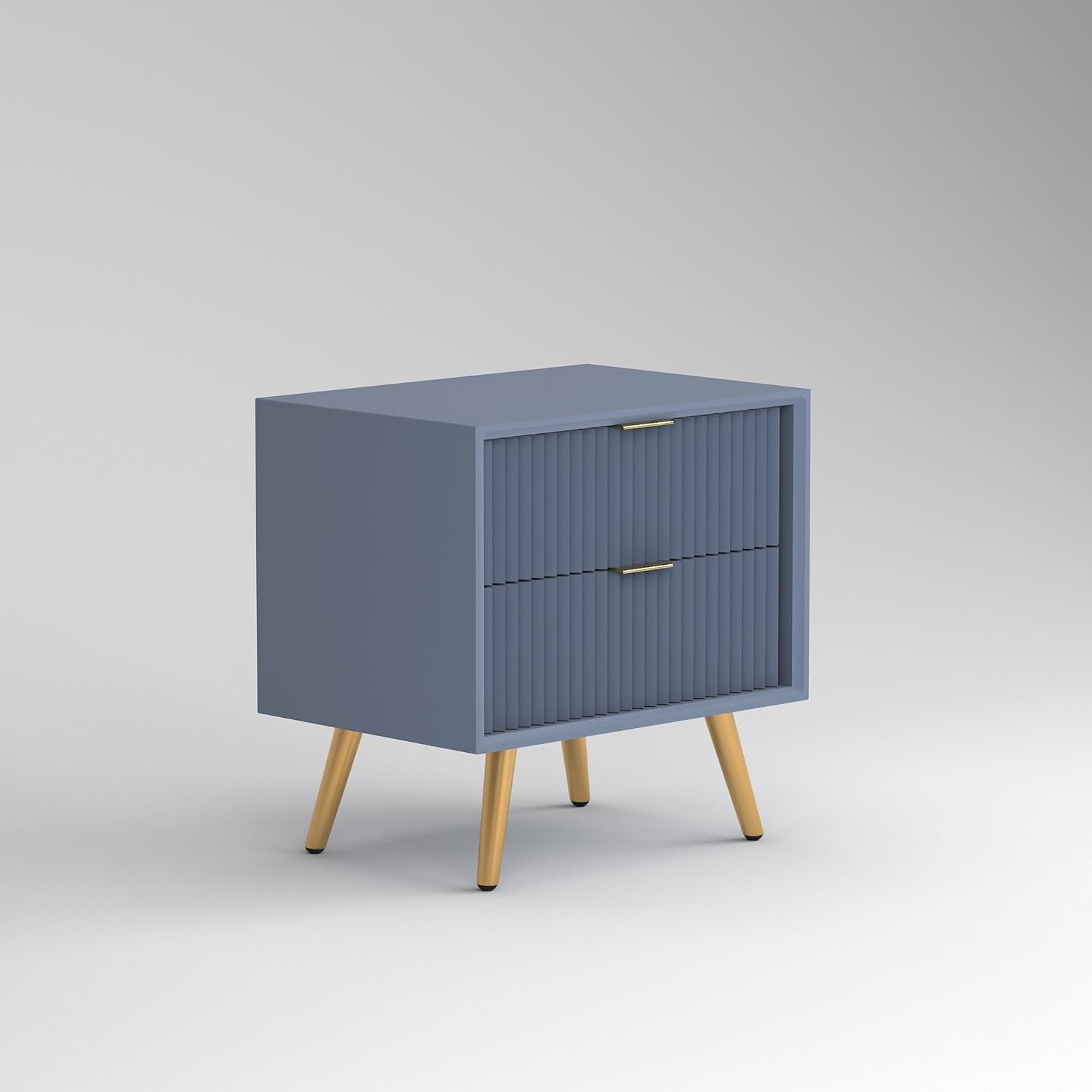 Grey Fluted Bedside Table with 2 Drawers & Gold Legs — Luxury Bedroom Style