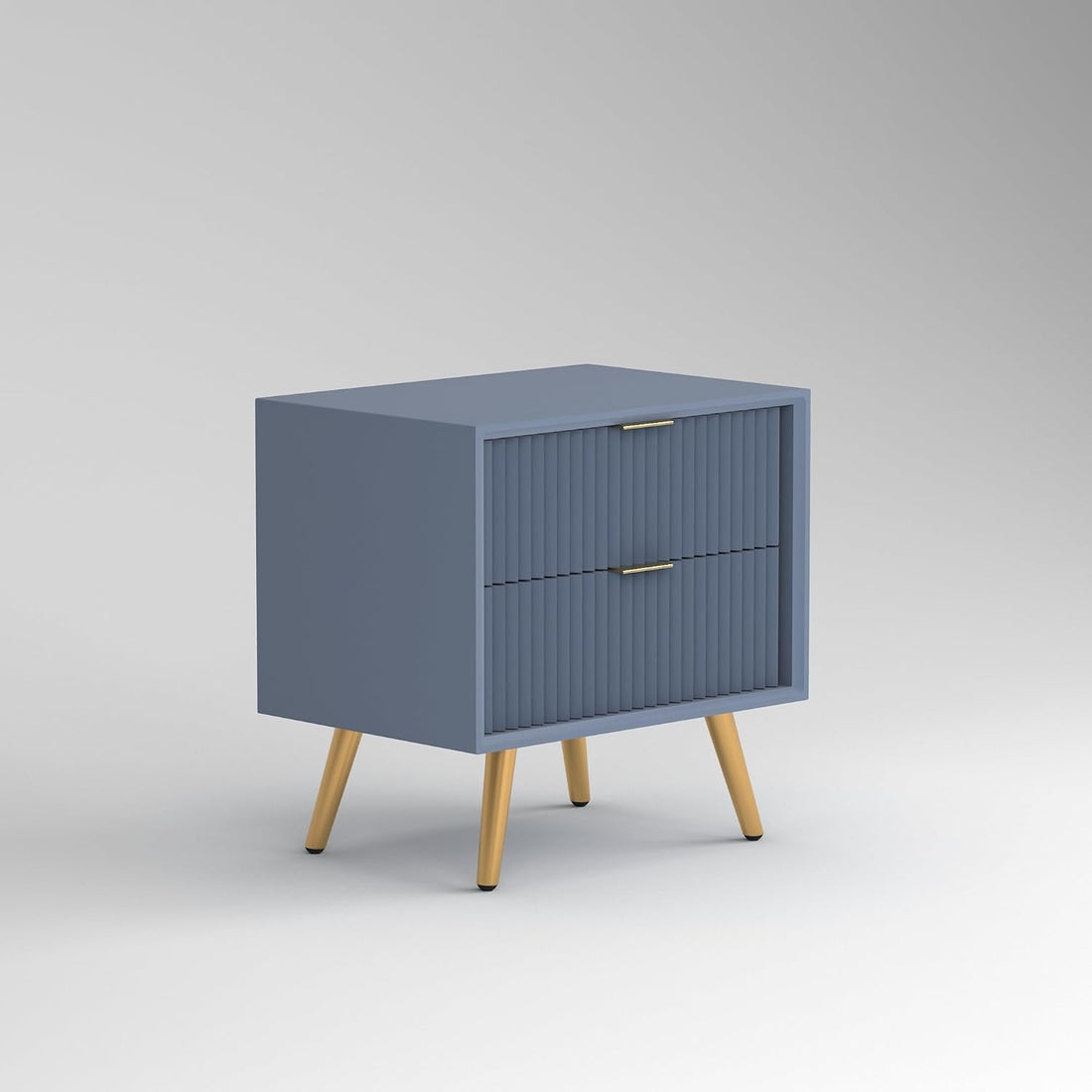 Grey Fluted Bedside Table with 2 Drawers & Gold Legs — Luxury Bedroom Style