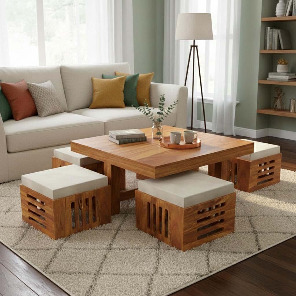 Solid Sheesham Wood Coffee Table  with 4 Cushioned Stools