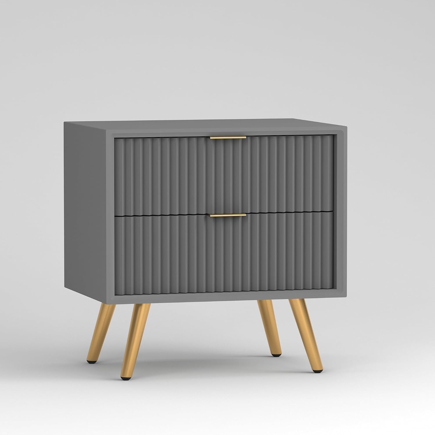 Modern Grey Fluted 2 Drawer Bedside Table with Gold Legs