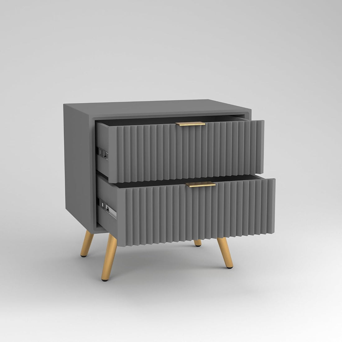 Modern Grey Fluted 2 Drawer Bedside Table with Gold Legs
