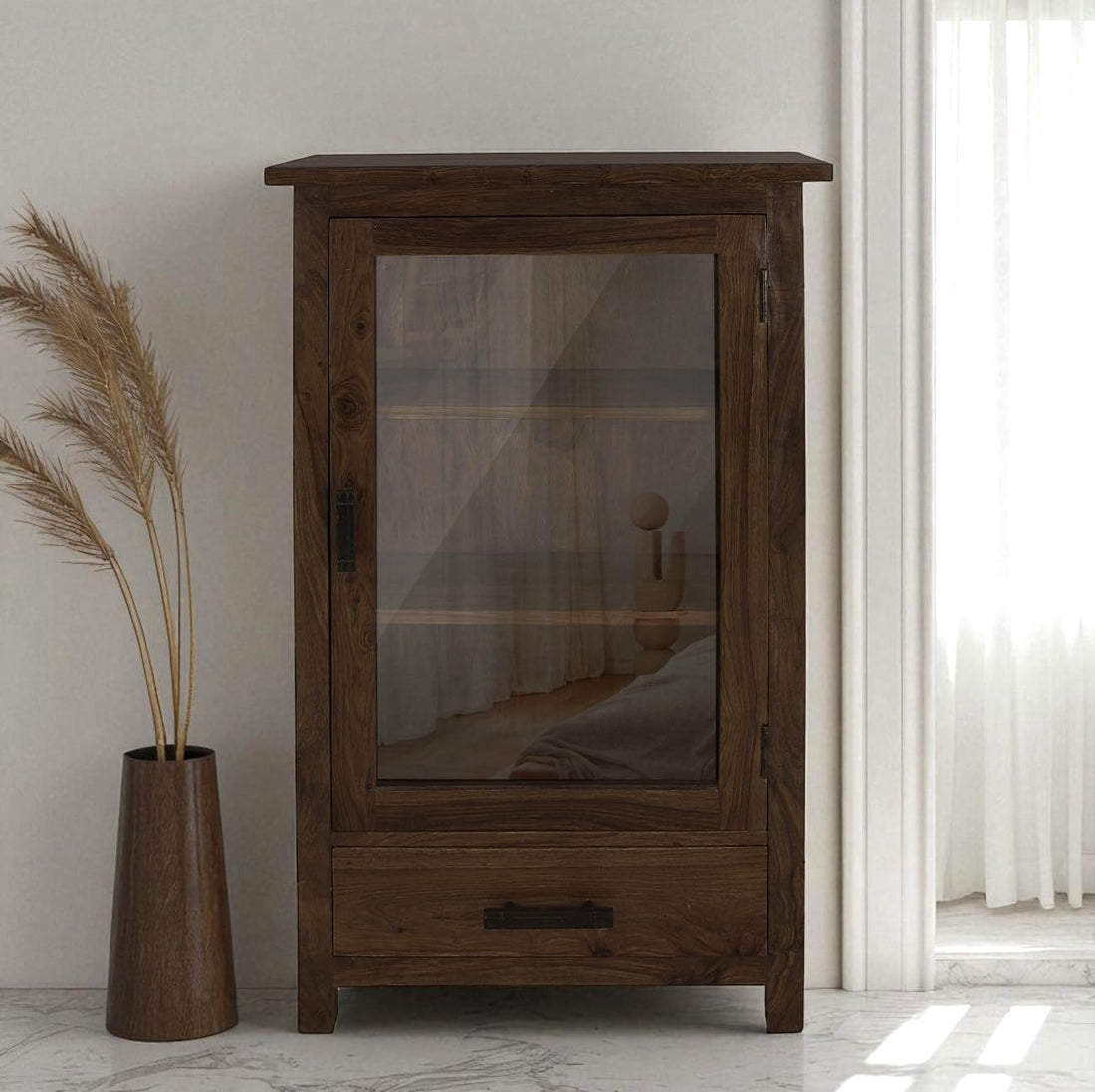 Rustic Solid Wood Glass Door Bookcase Cabinet with Drawer