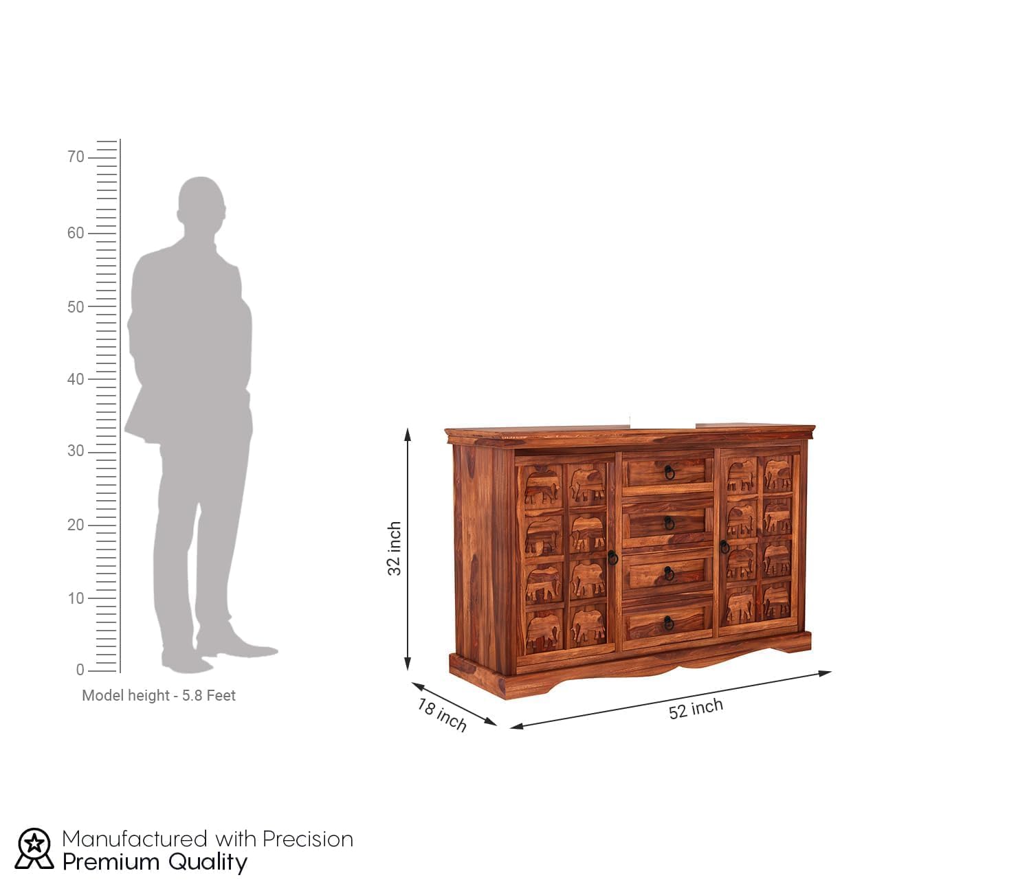 Craft D Art Sheesham Wood Sideboard Cabinet with Elephant Carving