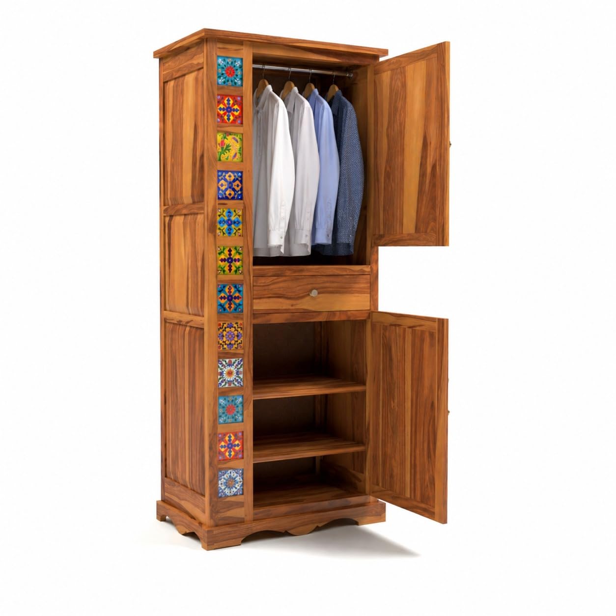 Emboss Sheesham Wood Wardrobe Cabinet with 1 Drawer & 2 Shelves (Honey Finish)