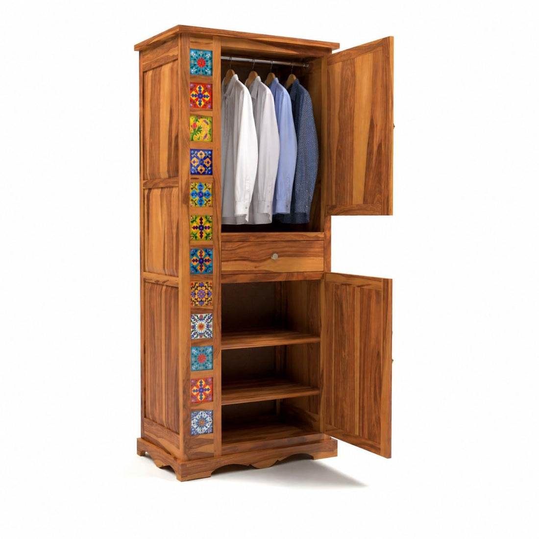 Emboss Sheesham Wood Wardrobe Cabinet with 1 Drawer & 2 Shelves (Honey Finish)