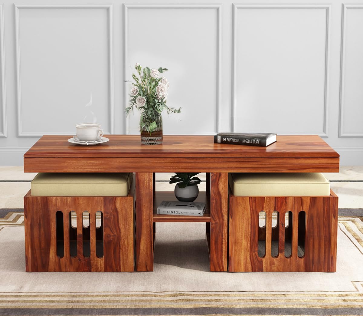 Craft D Art Solid Wood Coffee Table with Nesting Stools & Cushions