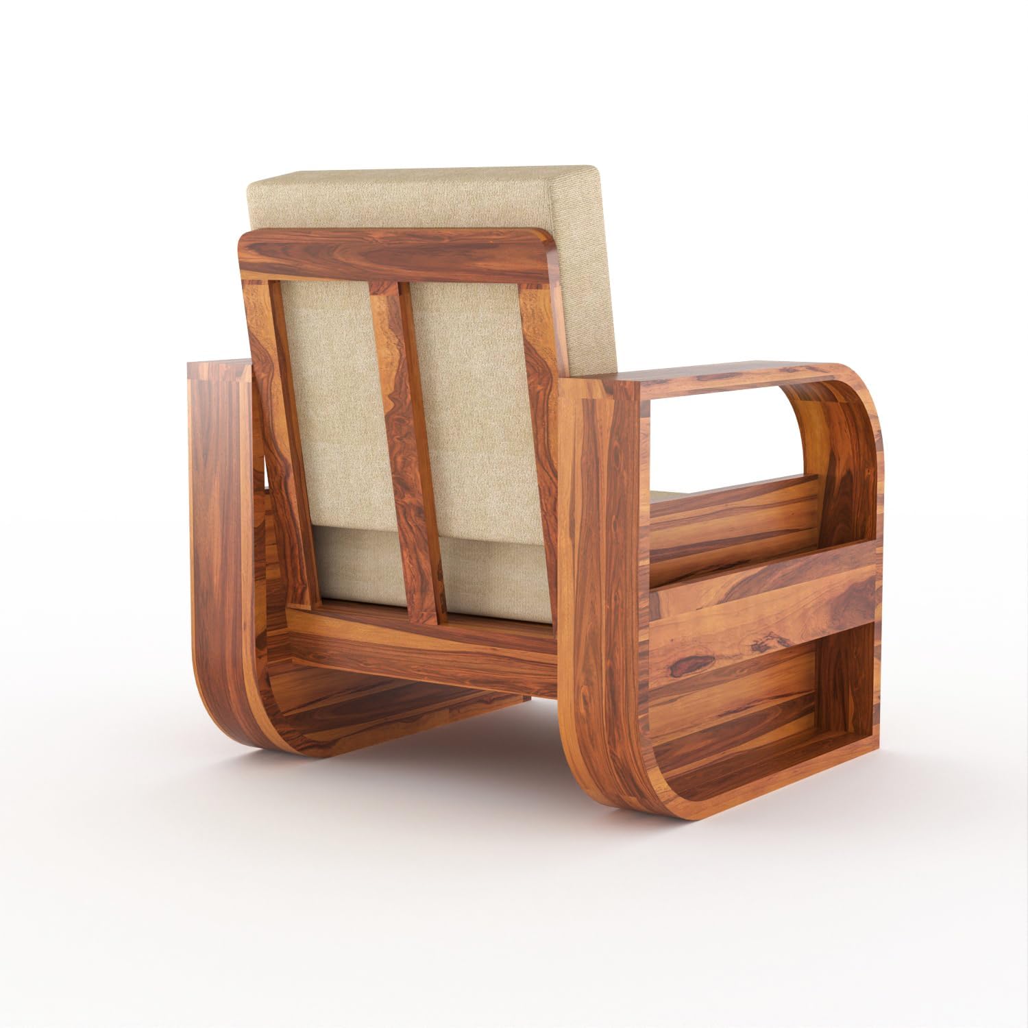 Craft D Art Solid Wood Lounge Armchair with Cushion & Side Storage