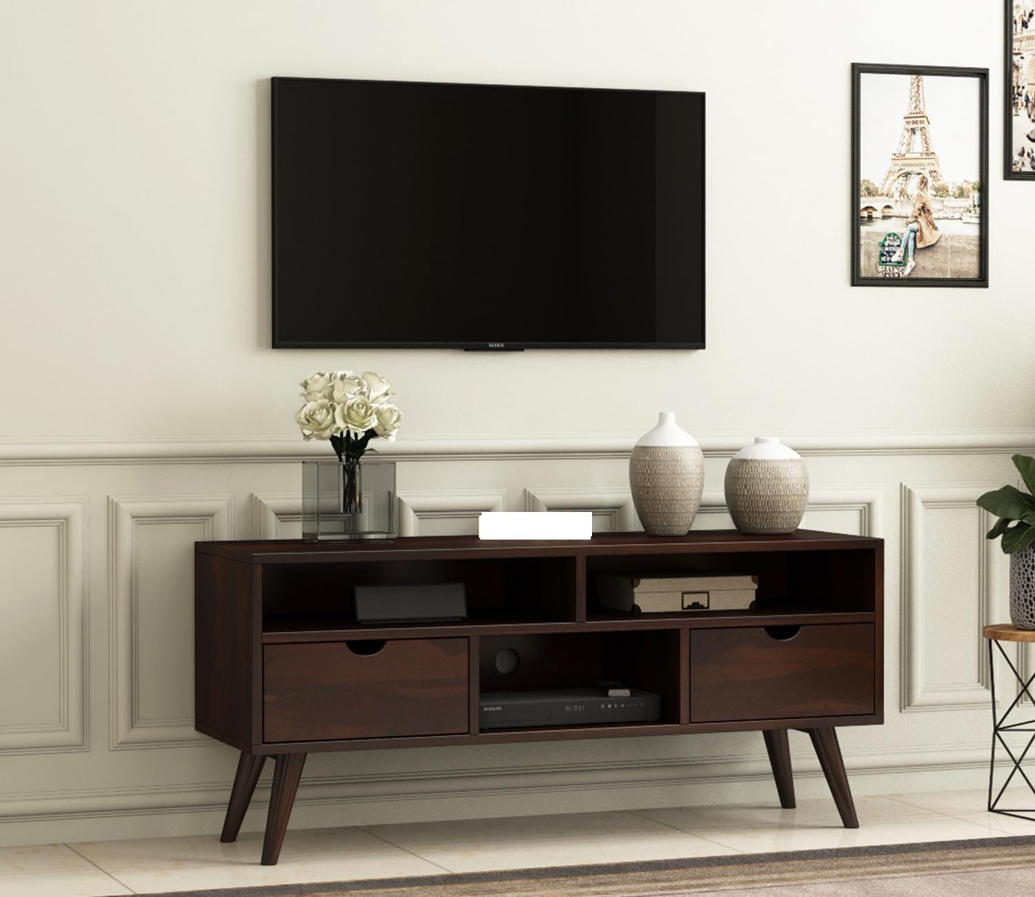 Norethian Sheesham Wood Tv Unit with Two Pull Out Drawers and Shelves (Honey Finish)