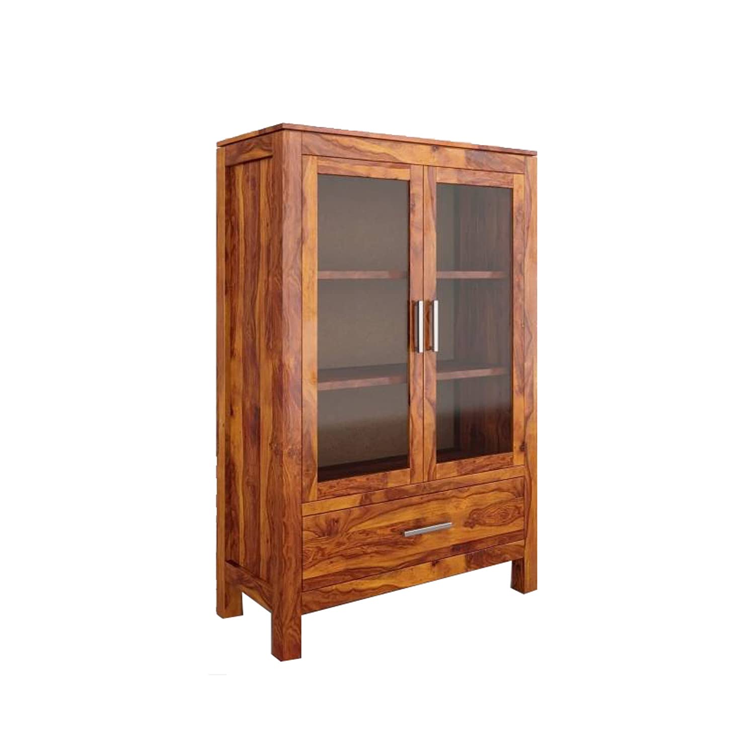 Modern Solid Wood Glass Door Crockery & Display Cabinet with Drawer