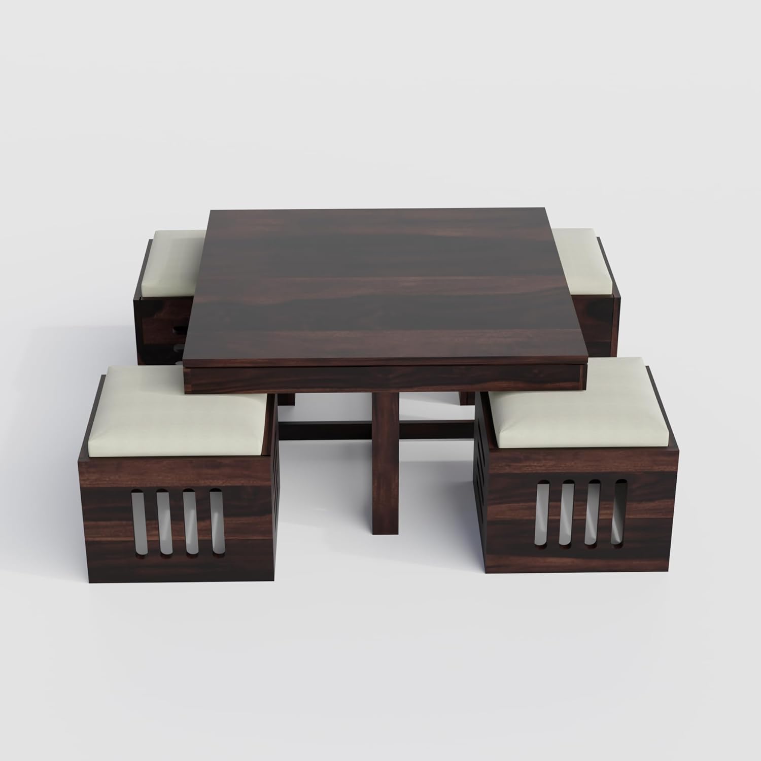 Solid Sheesham Wood Coffee Table  with 4 Cushioned Stools