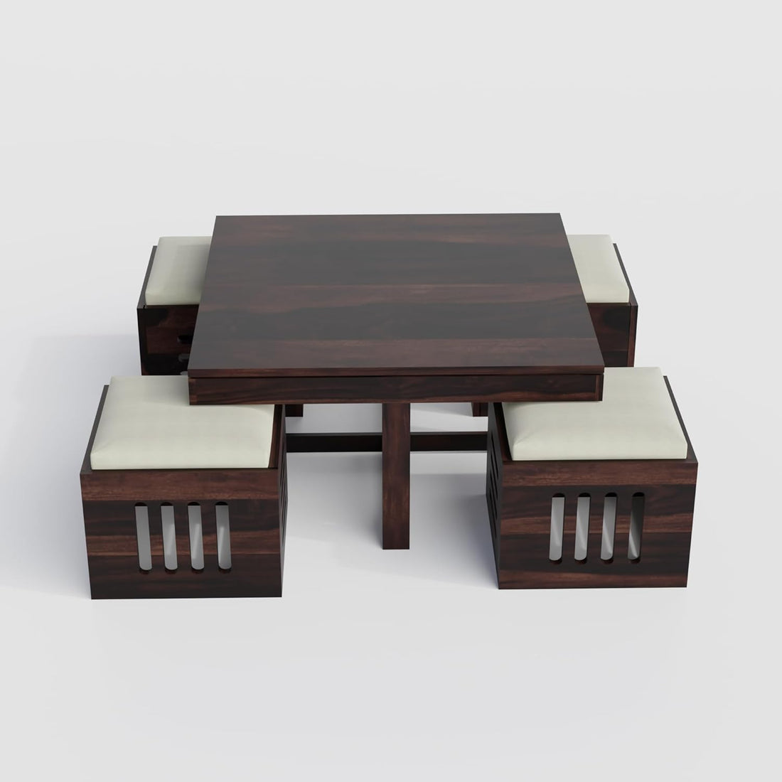 Solid Sheesham Wood Coffee Table  with 4 Cushioned Stools