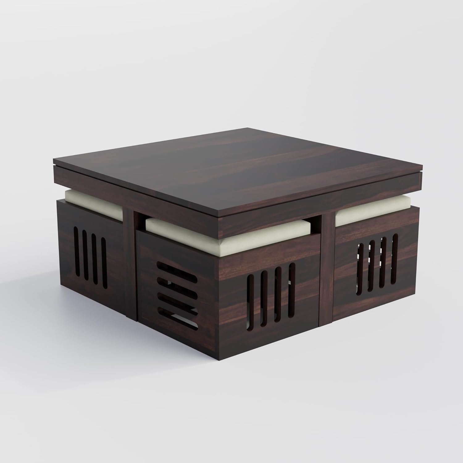 Solid Sheesham Wood Coffee Table  with 4 Cushioned Stools