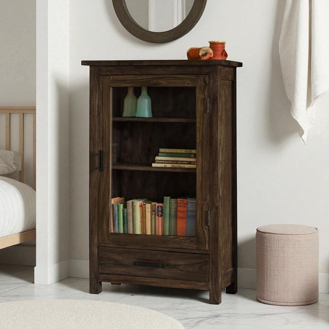 Rustic Solid Wood Glass Door Bookcase Cabinet with Drawer