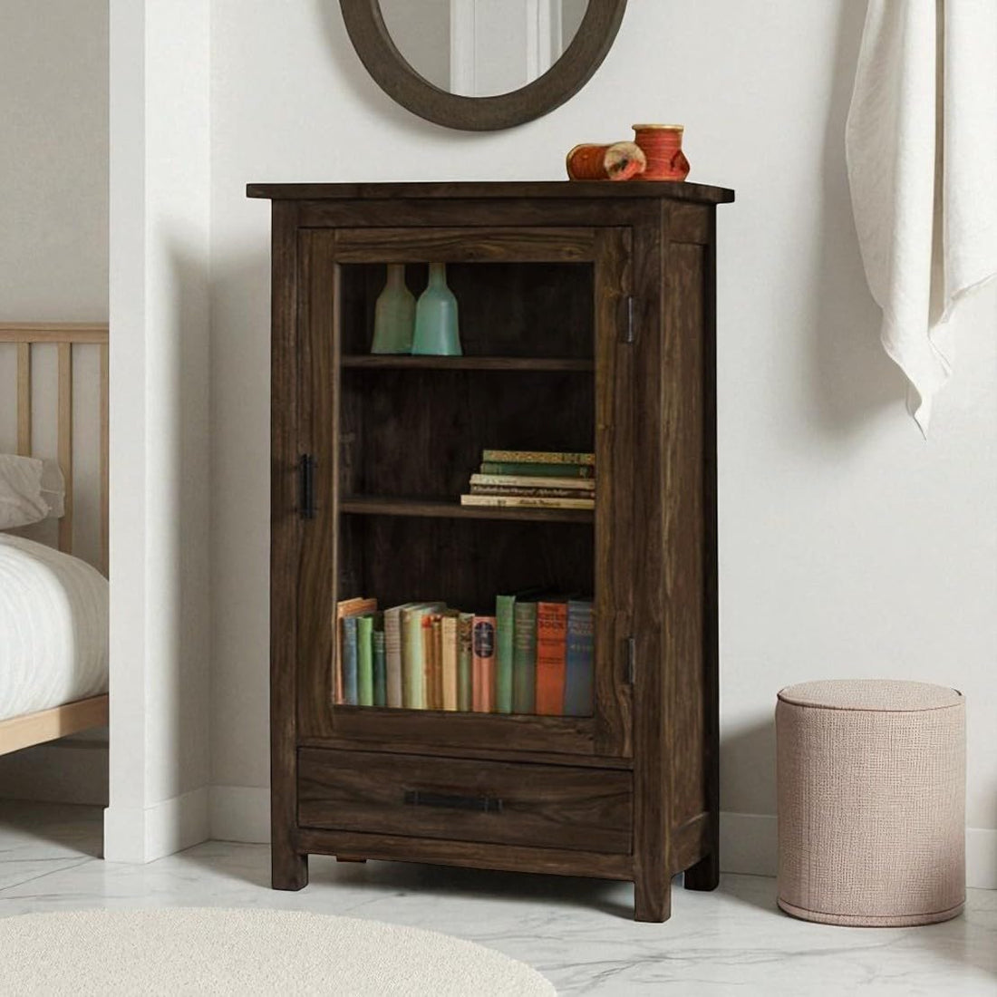 Rustic Solid Wood Glass Door Bookcase Cabinet with Drawer