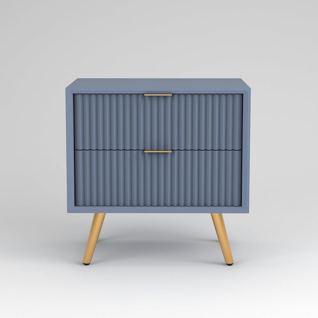 Grey Fluted Bedside Table with 2 Drawers & Gold Legs — Luxury Bedroom Style