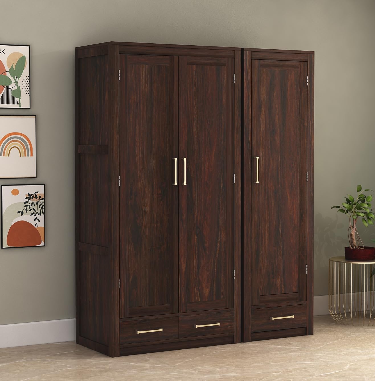 Craft D Art Solid Wood 3 Door Wardrobe with Drawers for Bedroom