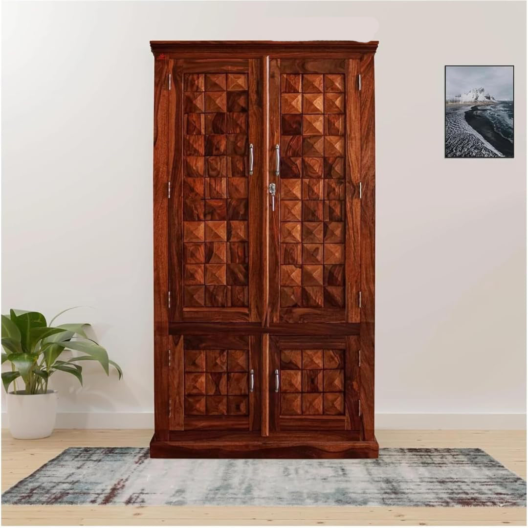 Diamond Sheesham Wood Wardrobe (Honey Finish)
