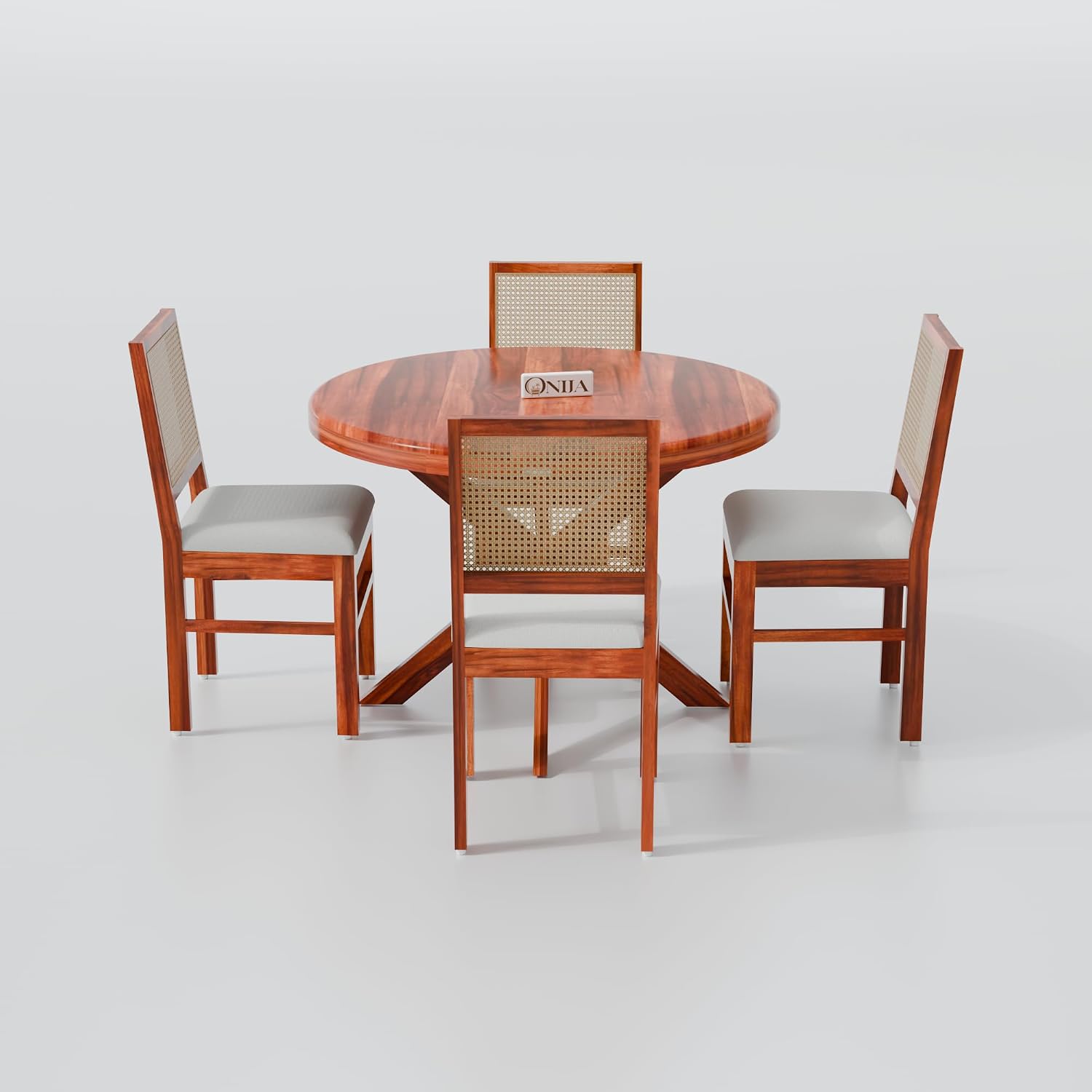 Premium Teak Finish Round Dining Table Set with Cane Back Chairs