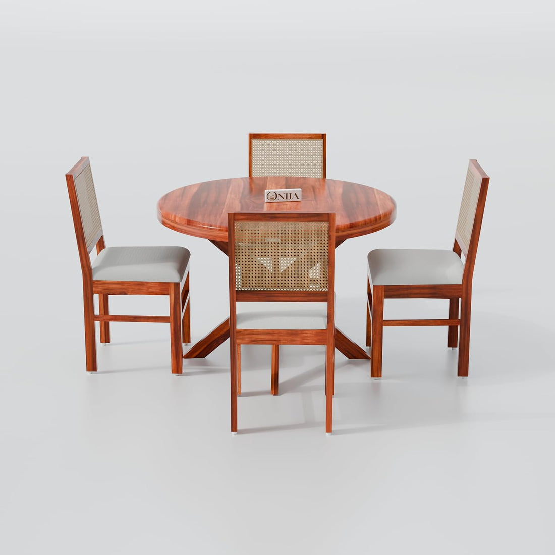 Premium Teak Finish Round Dining Table Set with Cane Back Chairs