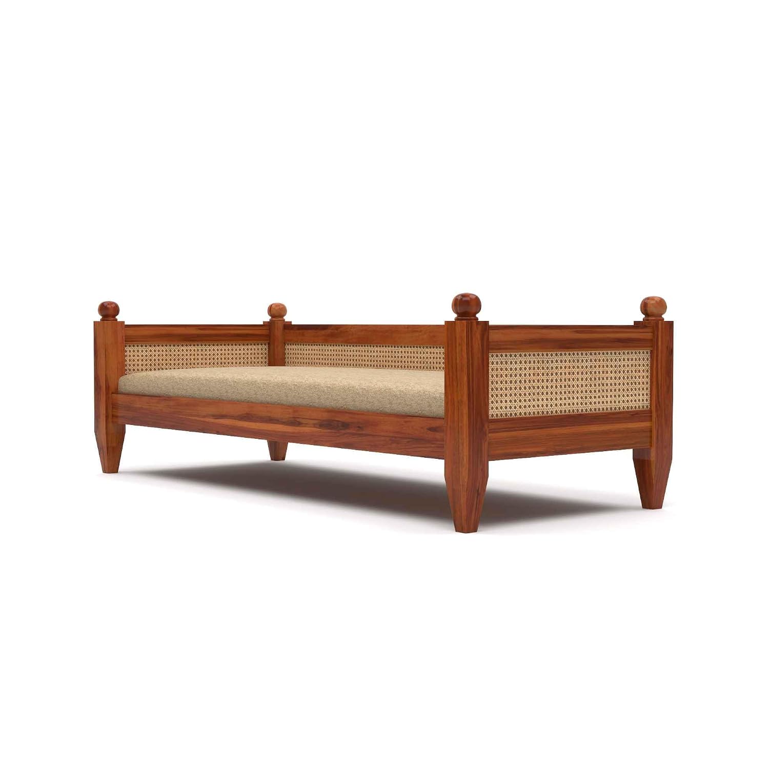 Craft D Art Solid Sheesham Wood Diwan Sofa with Cane Rattan Backrest & Cushioned Seat